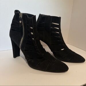 Stuart Weitzman Black Suede Strappy Cutout Heeled Ankle Boots